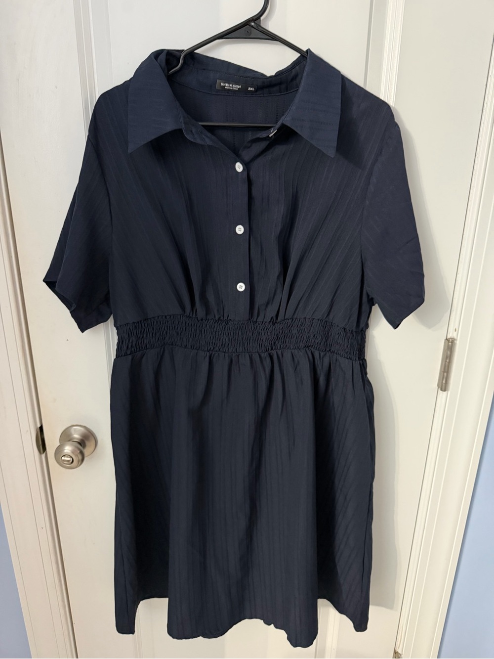 SHEIN Navy Short-Sleeve Smocked-Waist Shirt Dress